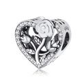 Macro view of heart charm with white enamel rose and micro-pave crystal edges - White Rose Heart (CYT354)