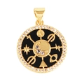 Golden celestial round pendant featuring black enamel sun, moon and zodiac symbols - Astrology-Black Agate