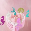 Mermaid party cake toppers set featuring purple seahorse, blue tail and gold shell decor - 24Pcs 6 Styles Mermaid Toppers (6 Styles x 4)