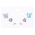 Three-pair earring set featuring silver rose and blue butterfly studs on a white card - 86 White K (5295)