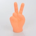 Detail showing an orange rubber finger puppet in a peace sign gesture for cat interaction - Large Victory Gesture