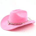 Pink suede cowboy hat detail featuring ethnic braided band and white shell accents - M (56-58cm) / Magenta