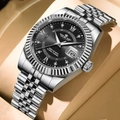Silver steel men's watch featuring a black dial with Roman numerals and date display - Silver Black Dial (EU Standard Butterfly Buckle)