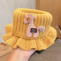 Yellow knitted kids neck warmer with a cute pink giraffe and handmade label - Kids Neck Warmer - Yellow