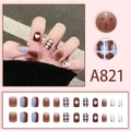 Brown chocolate gradient plaid press-on nails with cute bear and heart designs - Chocolate Brown Bear Plaid Style (A821)