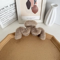 Large plush 14cm hair claw clip in brown faux fur with wavy edges for winter styling - Khaki