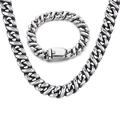 Ensemble collier et bracelet hip hop en acier titane argenté avec maillons cubains - Bracelet 22,5cm + Collier 60cm