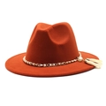 Close-up of pearl chain and tassel detail on brick red wool felt jazz fedora hat - M (56-58cm) / Rust red