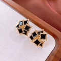 Vintage gold and black geometric enamel stud earrings with multi-layered design - Double Square Enamel Black Gold (18# Silver Pin-Black-Double Square)