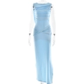 Detail view of light blue maxi dress featuring pleated bodice and crossover waist design - S / Blue