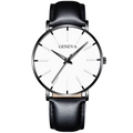 Detail view of a black leather watch strap with a polished black metal case and white dial - Leather Strap Black Case White Dial