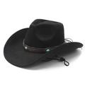 Classic black suede western cowboy hat with turquoise gemstone band and windproof cord - M (56-58cm) / Black