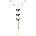 Elegant gold-plated snake chain necklace with three blue butterfly tassel pendants - Blue