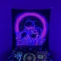 Detail of glow-in-the-dark tapestry featuring skeleton embrace and cosmic tree of life - Double Skull Starry Fluorescent