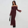 Elegant wine red off-shoulder mesh midi dress with slimming ruched texture and long sleeves - S / Burgundy