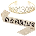 Golden 13th birthday set with rhinestone tiara and 13 & FABULOUS glitter sash for girls - Gold 13 & Fabulous Set
