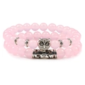 Pink crystal beaded bracelet with owl charm and decorative silver metal spacer tube - Rose Quartz Set 1