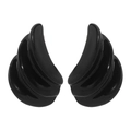 Detail view of black layered geometric resin earrings with a glossy three-tier fan design - Black