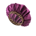 Purple satin hair bonnet with leopard print elastic band for night sleeping - Purple