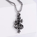 Close-up of vintage silver skull and cross pendant with rose detail on round link chain - No Chain / Steel Color (Without Chain)
