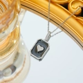 Elegant stainless steel square pendant necklace featuring a black heart with sparkling crystals - Silver Black Enamel Heart (C143)