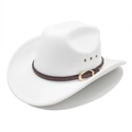 Detail of white felt cowboy hat with braided leather belt and golden metal buckle - M (56-58cm) / White