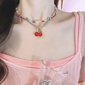 Double-layered beaded necklace with a large red cherry pendant on silver chain - Silver-White-Red Cherry (1404#)