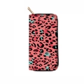 Detailed close-up of long PU wallet with pink leopard pattern and golden zipper teeth - Pink Black Cyan Leopard