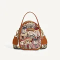Mini dome bag with vintage bear print, jacquard fabric and brown leather handle strap - Brown