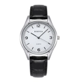 Macro view of the large white watch dial with black leather strap and quartz movement details - Black Strap White Dial