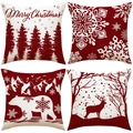 Set of 4 Christmas pillow covers with reindeer and Merry Christmas prints on linen fabric - Wine Red and Beige Classic Set (YMX8) / Set of 4