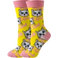 Detail of yellow cotton socks with pink cat motif and MEOW text on a white background - White Cat Head