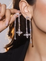 Elegant silver tassel earrings with white diamonds in a floral four-leaf clover design - Silver Clover Tassel Style (DTE1617086S-W)