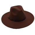Close-up of brown wool felt fedora featuring a black leather band and metal buckle detail - Coffee (Belt Style)