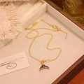Golden titanium steel necklace featuring a blue enamel fishtail pendant and pearl - Blue