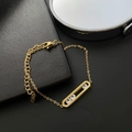 Minimalist gold-plated stainless steel bracelet with oval pendant and sliding cubic zirconia - Titanium Steel Zirconia Bracelet / Gold