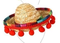 Mexican straw sombrero headband with colorful stripe trim and red pom-poms on the brim - Straw Hat-Red Pompoms