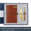 Vintage brown leather journal gift set with gold metal bookmark and wooden pen in blue box - Brown Notebook Set With Bookmark and Acid Branch Wood Pen
