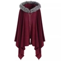 Dark red hooded knit cloak with faux fur trim, zipper closure and metal chain detail - One Size / Burgundy