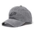 Distressed dark grey washed cotton baseball cap with dontpanic embroidery and ripped brim - Washed Grey