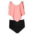 Maillot de bain deux pièces fille avec haut rose à volants et bas noir froncé - 104 / Ensemble Orange Volants Noir Froncé