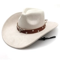Detail of faux suede cowboy hat featuring bull head metal piece and adjustable chin strap - M(56-58cm) / Beige