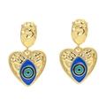 Détail de boucles d'oreilles cœur plaquées or 18 carats avec émail bleu et noir evil eye - Bleu