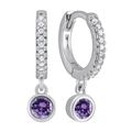 Elegant S925 silver hoop earrings with white pavé zircons and a round purple drop stone - Purple (Silver)