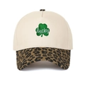 Detail of clover embroidery with lucky text on beige and leopard print trucker cap - Adjustable / Cream/Leopard