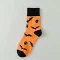 Halloween crew socks featuring orange and black knit patterns of bats and skulls - 07 Pumpkin-Orange Black Bat Skeleton