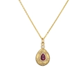 Golden teardrop pendant necklace with a red ruby and star pattern on a white background - Teardrop