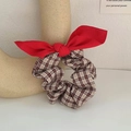 Plaid beige hair scrunchie with a large red ribbon bow in a romantic ballet style - Coffee Plaid Bow