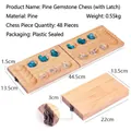 Foldable pine wood Mancala board game with 48 blue glass stones and metal buckle - 228 Pine Wood Mancala With Lock