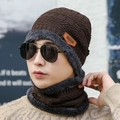 Winter thermal knit beanie and neck warmer set in deep brown with gray fleece lining - Coffee Hat & Neck Warmer Set